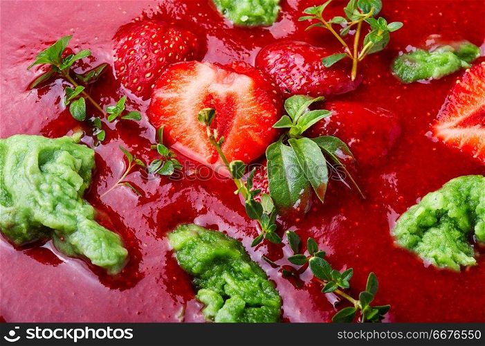 Seasonal summer fruit soup.Soup with strawberries.Cold soup.Fruit soup.. Summer strawberry soup