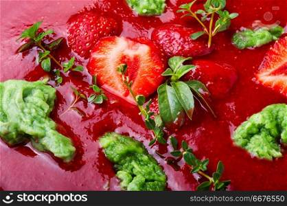 Seasonal summer fruit soup.Soup with strawberries.Cold soup.Fruit soup.. Summer strawberry soup