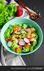 Seasonal vegetable salad from organic farm products on a gray background. Mix of tomatoes, cucumbers and radishes. Place for text.. Seasonal vegetable salad from organic farm products on gray background. Mix of tomatoes, cucumbers and radishes.