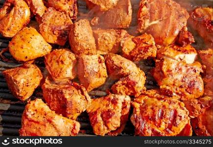 Seasoned chicken and meat shish kebobs are being prepared on the grill.