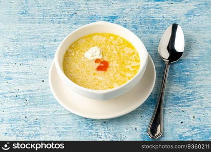 Seasoned fish soup on a white porcelain plate