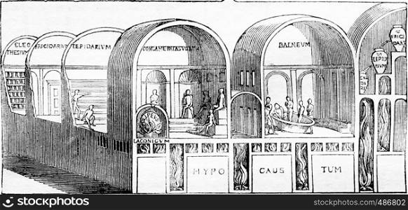 Seating representation, after paintings of discoveries in the baths of Titus, vintage engraved illustration. Magasin Pittoresque 1836.