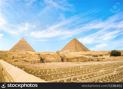 Seats for watching light show in front of ancient pyramids in Giza, Egypt. Seats near pyramids