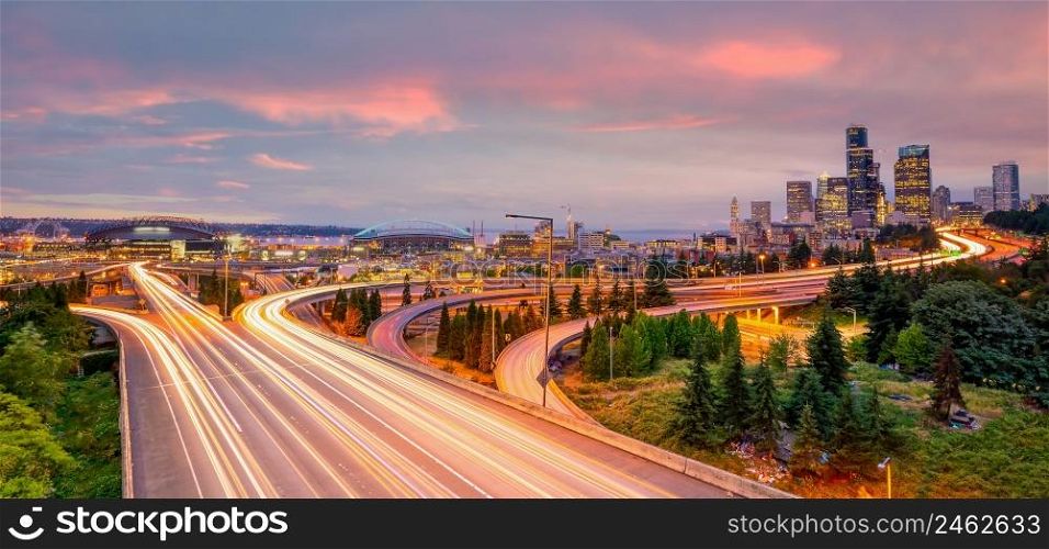 Seattle city downtown skyline cityscape of Washington state in USA at sunset