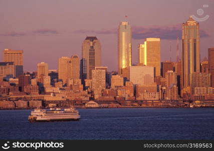 Seattle Cityscape With A Ship In The Puget Sound