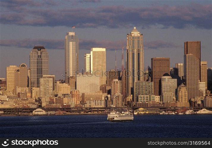 Seattle Cityscape With A Ship In The Puget Sound