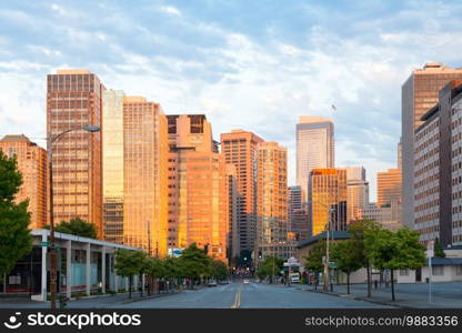 Seattle, Washington State, United States - 7th Avenue and buildings of downtown at sunset.