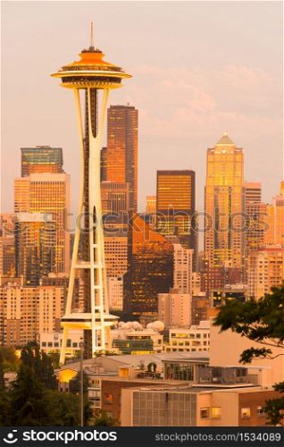 Seattle, Washington, United States - Space Needle and skyline of downtown buildings at sunset