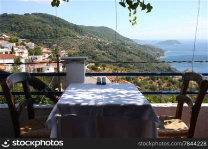 Seaview and landscape from restaurant at the Greek village Glossa on the Skopelos island