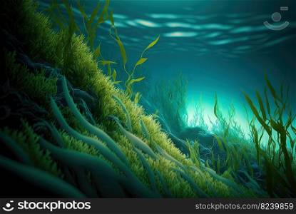 Seaweed on marine landscape. Wet grass on the coast with ocean or sea around. Generated AI. Seaweed on marine landscape. Wet grass on the coast with ocean or sea around. Generated AI.
