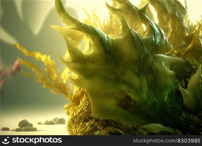 Seaweed on marine landscape. Wet grass on the coast with ocean or sea around. Generated AI. Seaweed on marine landscape. Wet grass on the coast with ocean or sea around. Generated AI.