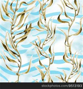 Seaweed seamless pattern. Hand drawn plants botanical texture. Great for fabric, textile, apparel, walloper, digital paper. Seaweed kelp seamless pattern. Hand drawn watercolor plants botanical texture.