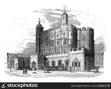 Second view of the Tower of London, vintage engraved illustration. Colorful History of England, 1837.