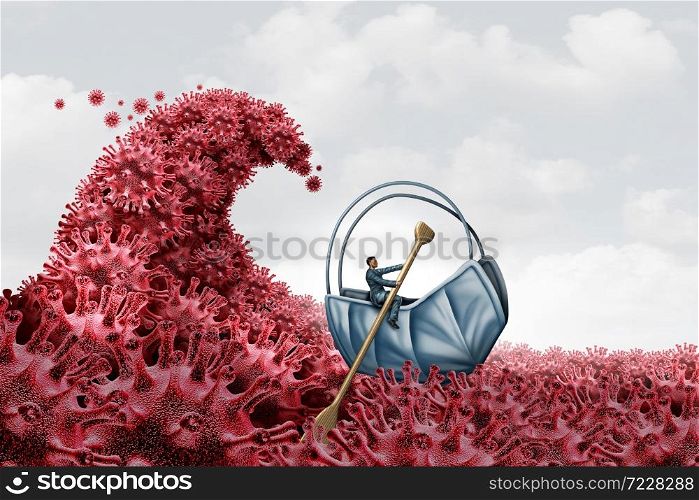 Second wave virus surge outbreak and coronavirus pandemic and covid crisis or influenza as dangerous flu strain as a covid-19 fear and stress as a medical health risk concept with disease cells as a 3D render.
