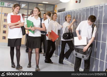 Secondary school students in a school hallway