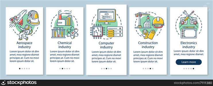 Secondary sector of economy onboarding mobile app page screen with linear concepts. Advanced industry. Five walkthrough steps graphic instructions. UX, UI, GUI vector template with illustrations