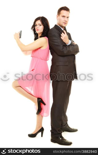 Secret investigation. Man detective agent criminal and sexy spy woman with gun. Isolated on white background.