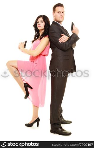 Secret investigation. Man detective agent criminal and sexy spy woman with gun. Isolated on white background.