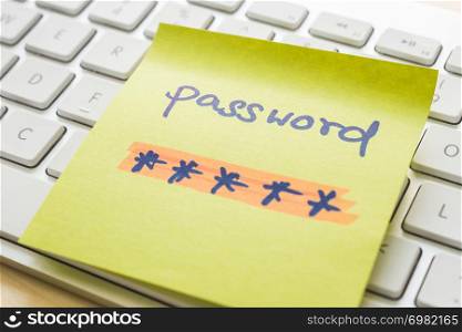 Secret password with highlight color written on yellow paper note on top of modern white keyboard with wooden desk on background. Login access, encryption and cyber security concepts.