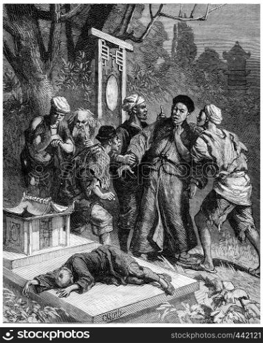 Secret societies in China, The punishment of traitors, vintage engraved illustration. Journal des Voyage, Travel Journal, (1880-81).