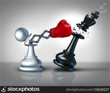 Secret weapon business concept with a chess pawn punching and destroying the competition king piece with a hidden red boxing glove as a metaphor for innovative corporate strategy and planning to win the game.