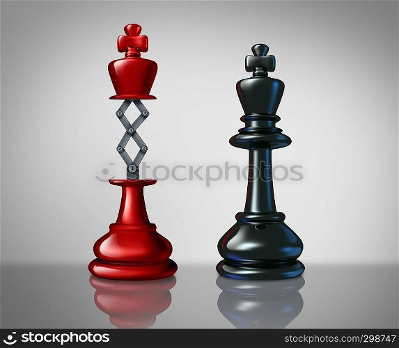 Secret weapon business success concept with a red chess king rising above a competitor leader with a hidden innovative tool as a metaphor for innovation and corporate strategy or planning to win the game as a 3D illustration..