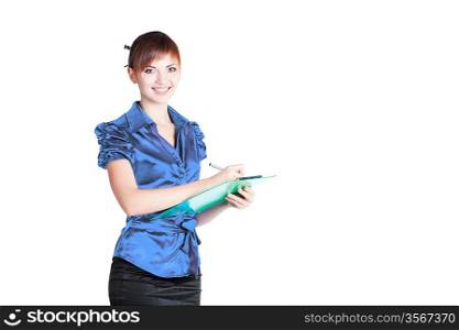 Secretary is noting to her notes with smile on white background