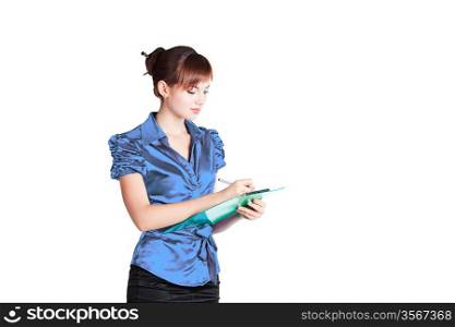 Secretary is writing and looking to her notes on white background