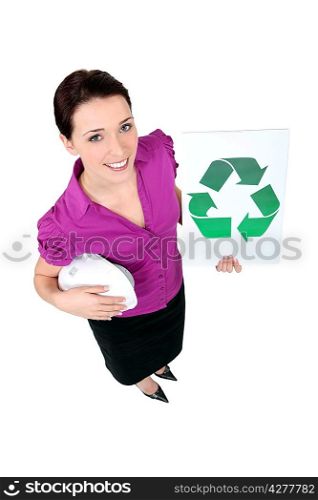 secretary showing recycling logo