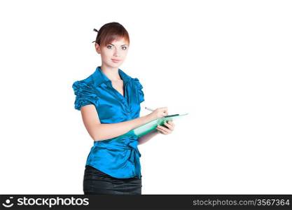 Secretary with pencil and notes is writing on white background