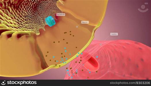 Secretion occurs along the nephron to remove unnecessary substances from the bloodstream and the body. 3D rendering. Secretion occurs along the nephron to remove unnecessary substances from the bloodstream and the body.