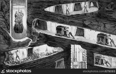 Section of a mine in the mid-nineteenth century, vintage engraved illustration. From the Universe and Humanity, 1910.
