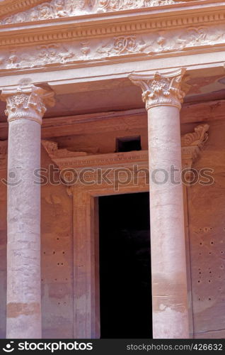 Section of the entrance to the treasure house in Petra, Wadi Musa, Jordan, one of the seven new wonders of the world, middle east