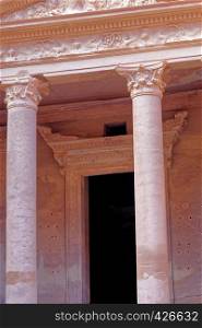 Section of the entrance to the treasure house in Petra, Wadi Musa, Jordan, one of the seven new wonders of the world, middle east