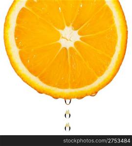 Section orange with drop. The detailed photo on a gleam. It is isolated on a white background