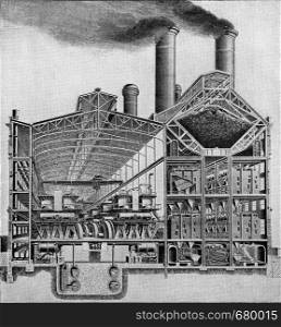 Section through a modern power plant station, Edison's work in New York, vintage engraved illustration. From the Universe and Humanity, 1910.