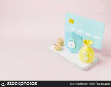 Secure mobile banking with credit card and lock shaped icon on pink background, smartphone security bank transaction money payment online Internet banking app protection, 3D rendering illustration