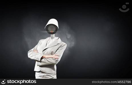Secure your privacy. Portrait of camera headed woman in suit as security concept