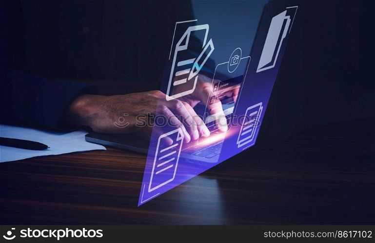 Security Computer login  businessman working laptop computer on virtual screen, documents with checkbox lists,login and password, cyber security concept, data protection and secured internet access