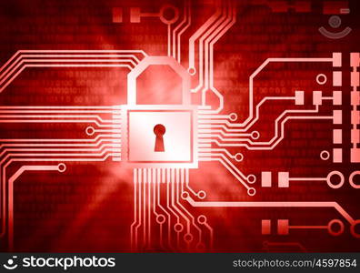 Security concept. Conceptual digital image of mother board with lock