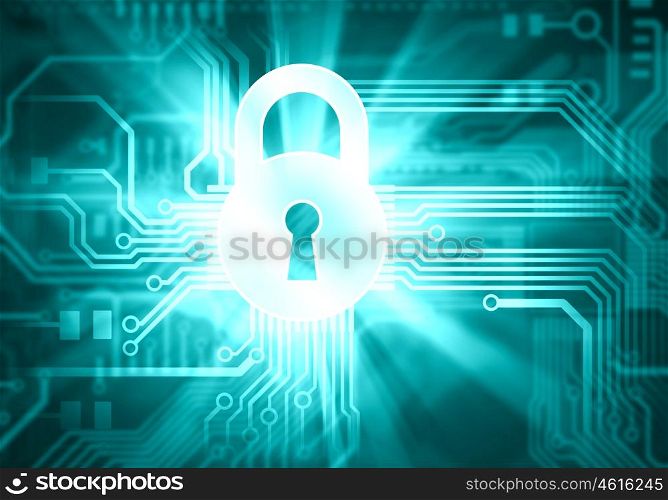 Security concept. Conceptual digital image of mother board with lock