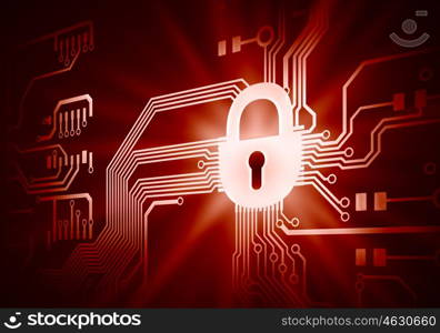 Security concept. Conceptual digital image of mother board with lock