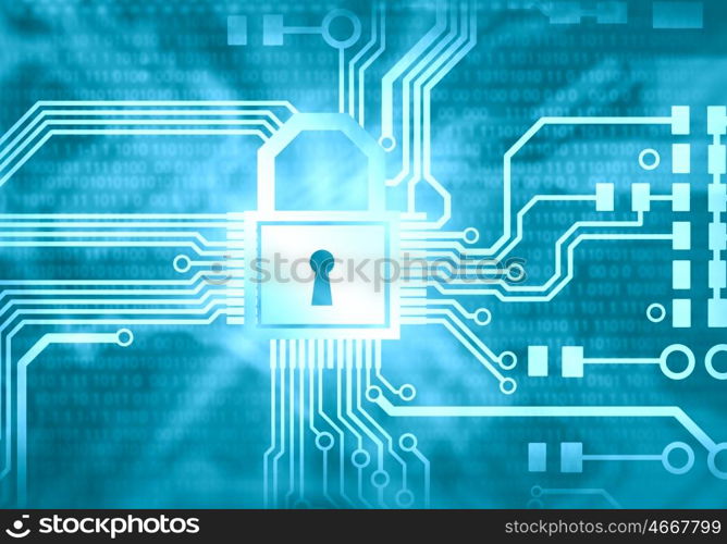 Security concept. Conceptual digital image of mother board with lock