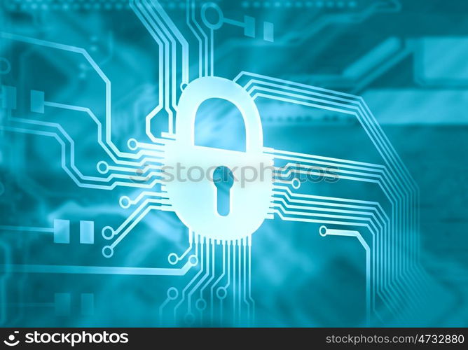 Security concept. Conceptual digital image of mother board with lock