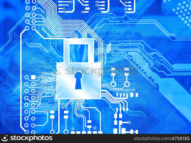 Security concept. Conceptual digital image of mother board with lock