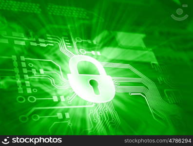 Security concept. Conceptual digital image of mother board with lock