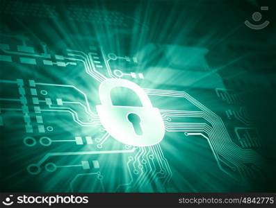 Security concept. Conceptual digital image of mother board with lock