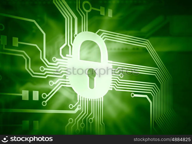 Security concept. Conceptual digital image of mother board with lock