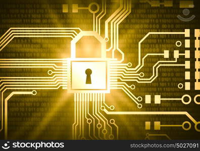 Security concept. Conceptual digital image of mother board with lock