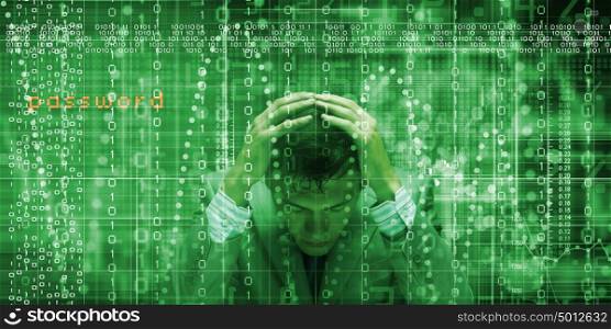 Security concept. Conceptual image of troubled man against media screen with binary code